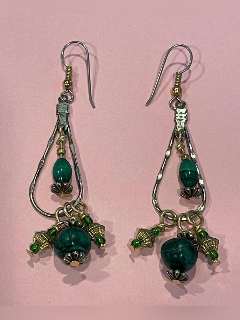 Vintage Malachite Bead Gold & Silver Tone Pierced Dangling Earrings #7310